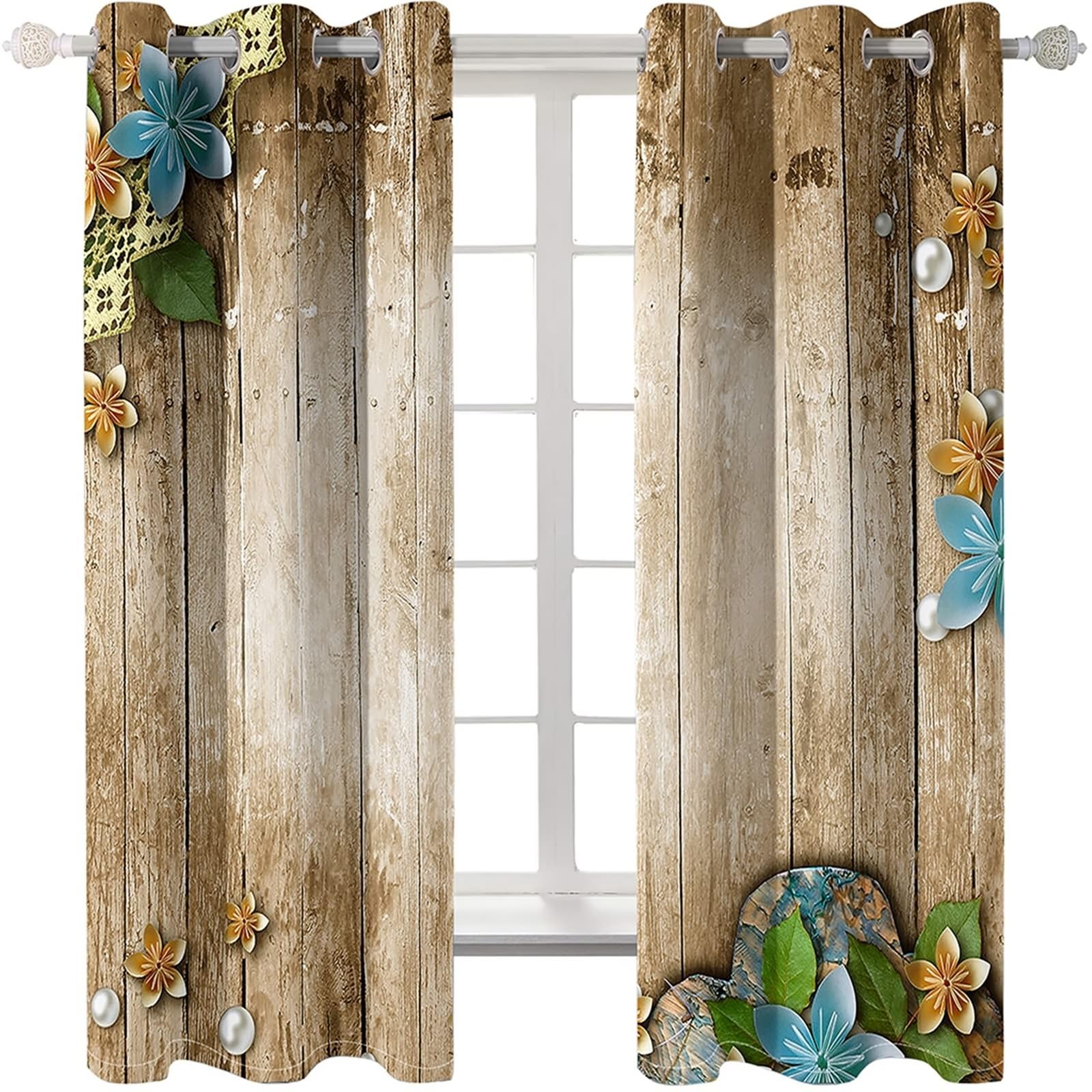 Wycian Scheibengardine Makramee Vorhang Fenster Khaki Blau Grün 2 Er Polyester Holzbrett mit Blumen- und Perlenmuster H244 X B214Cm für Schlafzimmer