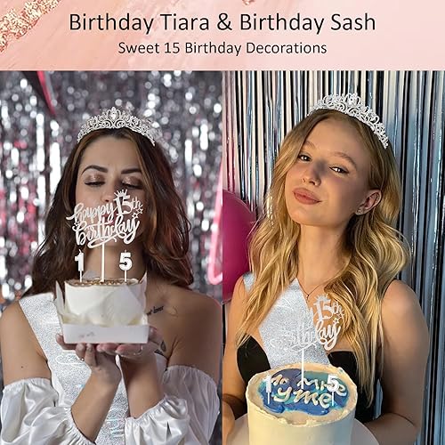 Miniatura 8 de Decoraciones de cumpleaños número 15 para niñas, incluyendo tiara de corona de diamantes de imitación, banda con purpurina, adorno para pastel de