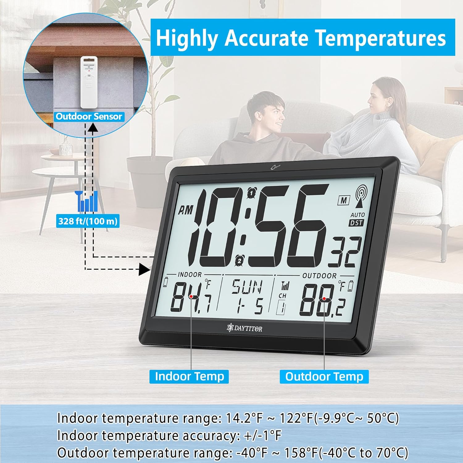 Atomic Clock Wall with Indoor/Outdoor Temp, Battery Operated Digital Wall Clock with 10.5" Large LCD Display, 330ft Range Desk Table Clock with Alarm, DST, Calendar for Living Room Bedrooms, Black