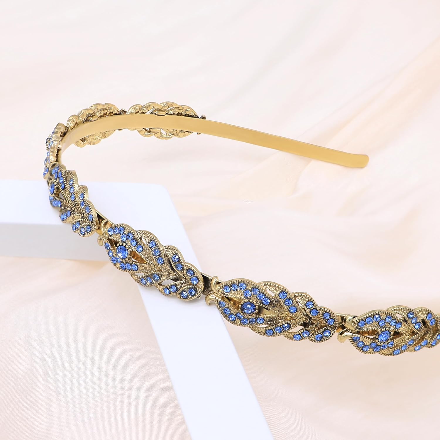 Oriamour Flower Design Rhinestone Crystal Wedding Headband Bridal Headpieces Simple Design Bridal Headband (Bronze Blue) - Image 6