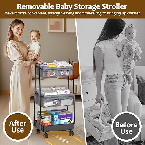 Miniatura 5 de Carrito rodante de 3 niveles Organizador de pañales para bebé, carrito utilitario de 3 niveles, artículos esenciales para el cuarto del bebé, gran