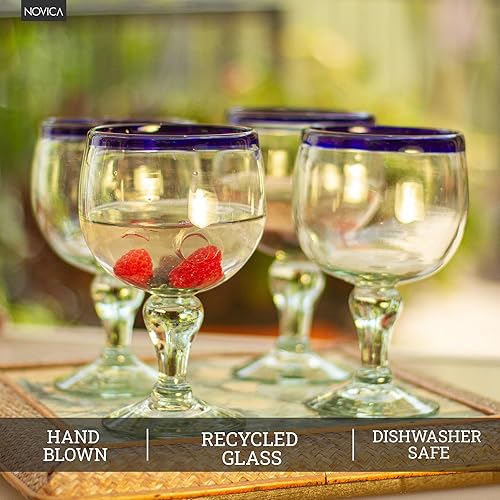 Miniatura 5 de NOVICA Copas de vidrio soplado 'Cobalt Kiss' (juego de 4), 7 pulgadas de alto, azul transparente