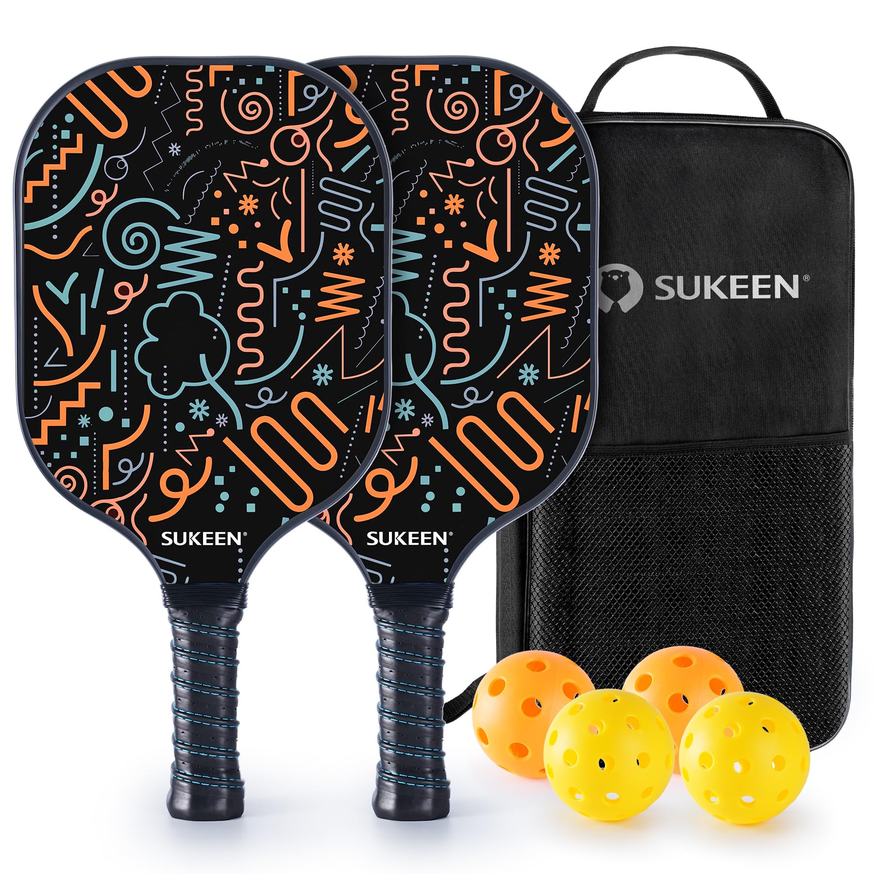 Sukeen Juego de 2 palas de pickleball con superficie de fibra de vidrio con raquetas de pickleball, juego de paletas de pickle ball para hombres y mujeres