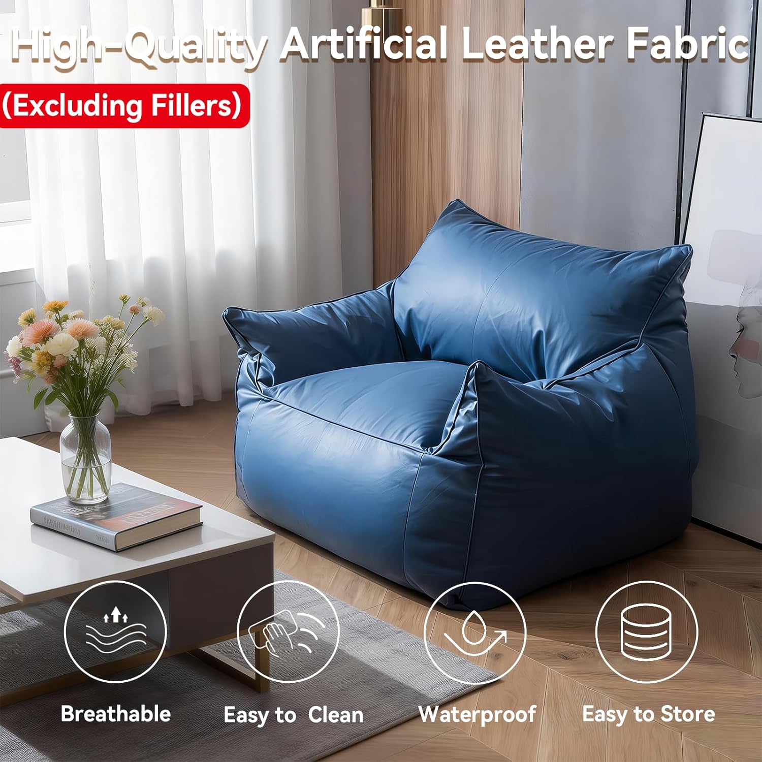 Bean Bag Cover (No Filler) - Comfy Leathaire Fabrics Beanbag Couch Without Filling for Adults Empty Lazy Sofa for Living Room, Bedroom, Easy to Clean & Durable (Beige)