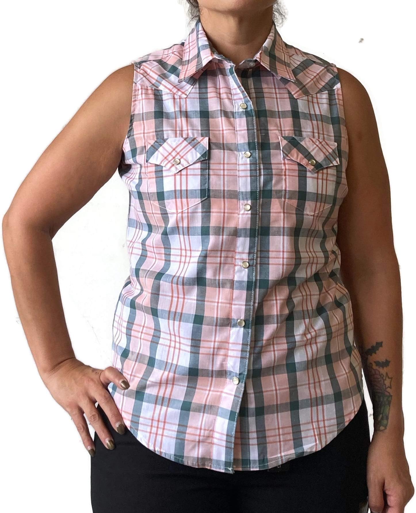 Wrangler Collared Sleeveless Shirts for Women (Pink Green, Small)