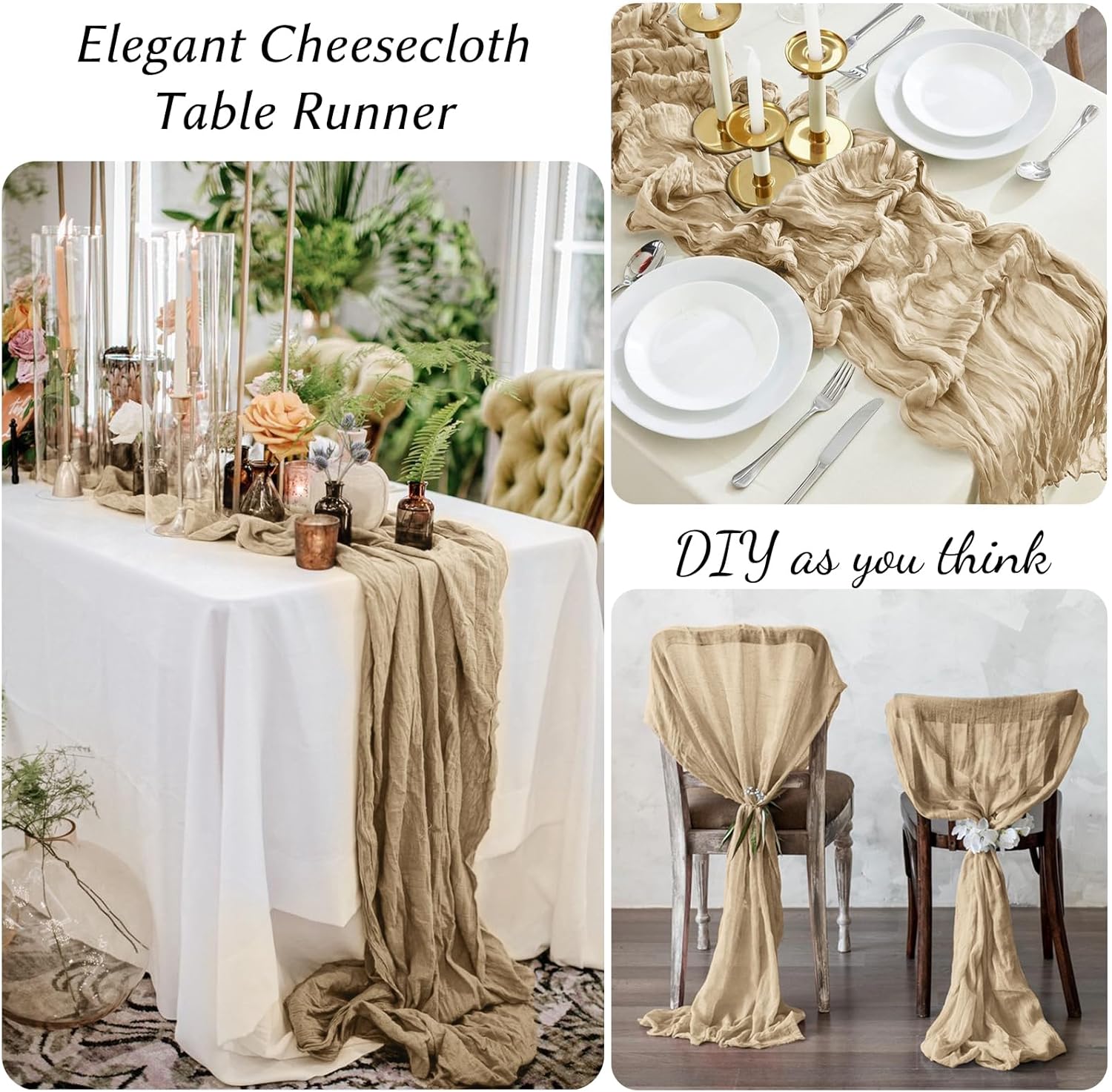 12 Pack Beige Spring Easter Table Runner 10FT Beige Cheesecloth Table Runner 21x120 inch Boho Gauze Cheese Cloth Table Runner Rustic Sheer Table Runner for Party Wedding Bridal Baby Shower Table Decor