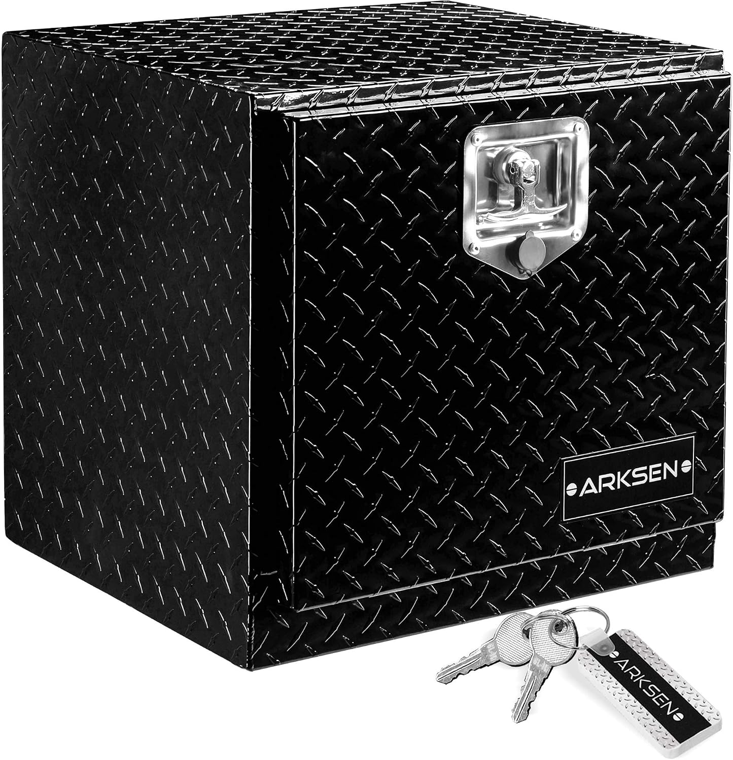 ARKSEN 18 Inch Heavy Duty Aluminum Diamond Plate Tool Underbody Box, Waterproof Square Truck Storage Organizer Chest for Pick Up Truck Bed, RV Trailer with T-Handle Lock and Keys - Black