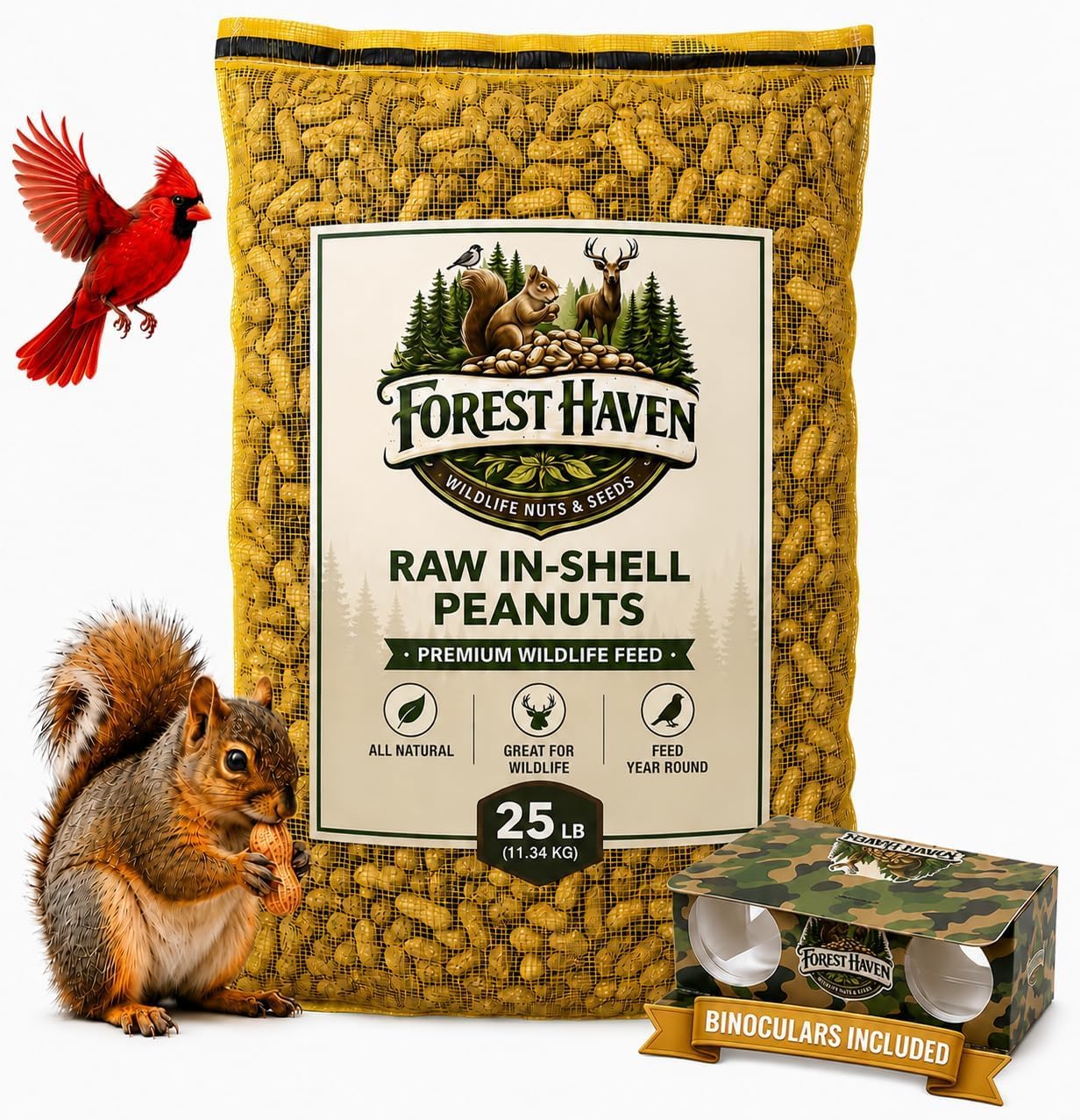 Forest Haven Premium Raw Peanuts for Squirrels – 25LB Bulk Squirrel Food – Unsalted Peanuts in Shell for Birds, Deer & Wildlife – Bonus Binoculars Included - USA Grown 25 Pound (Pack of 1)