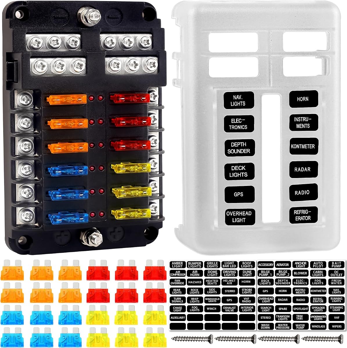Bloque de fusibles, soporte de caja de fusibles de 12 V con indicador LED, cubierta impermeable, panel Cyrico de 12 circuitos con bus negativo para automoción de 12 V/24 V, camión, barco, remolque marino, RV, 24 piezas de insertos de cuchilla
