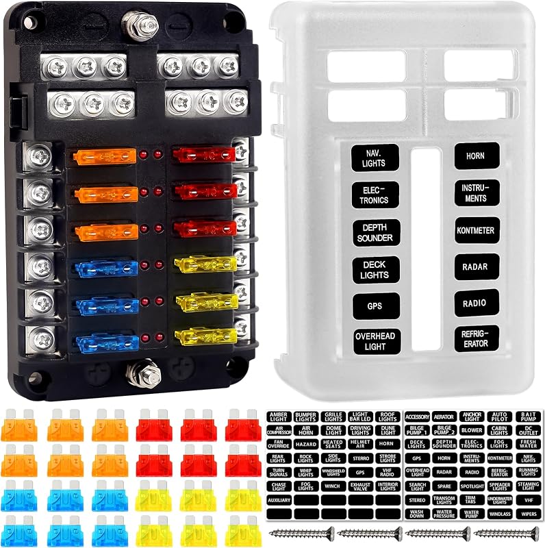 Bloque de fusibles, soporte de caja de fusibles de 12 V con indicador LED, cubierta impermeable, panel Cyrico de 12 circuitos con bus negativo para automoción de 12 V/24 V, camión, barco, remolque marino, RV, 24 piezas de insertos de cuchilla