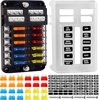 Fuse Block, 12v Fuse Box Holder with Led Indicator Waterproof Cover, Cyrico 12 Circuits Fuse Panel with Negative Bus for 12V/24V Automotive Car Truck Boat Marine Rv Trailer, 24 Pcs Blade Fuses