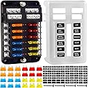 Fuse Block, 12v Fuse Box Holder with Led Indicator Waterproof Cover, Cyrico 12 Circuits Panel with Negative Bus for 12V/24V Automotive Car Truck Boat Marine Rv Trailer, 24 Pcs Blade Inserts