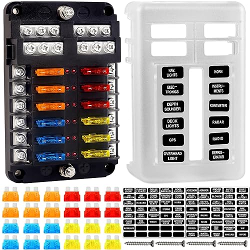 cyrico - Bloque de fusibles, soporte de caja de fusibles de 12 V con indicador LED, cubierta impermeable, panel de 12 circuitos con bus negativo