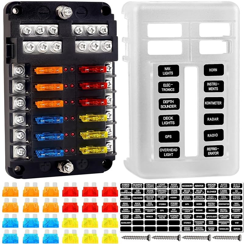 Bloco de fusíveis cyrico com 12 circuitos, indicador LED e tampa protetora para sistemas 12 V/24 V – 24 fusíveis de lâmina
