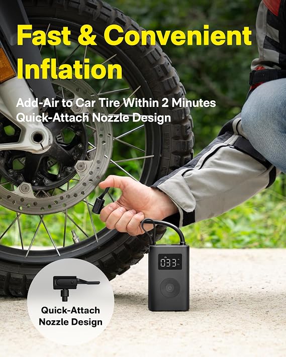 HOTO Air Pump ADV, Tire Inflator Portable Air Compressor with Digital Pressure Gauge 150PSI, Electric Tire Pump with LED Light & Auto Shut-Off Design, Fits for Car, Motorcycle, Bike, Ball