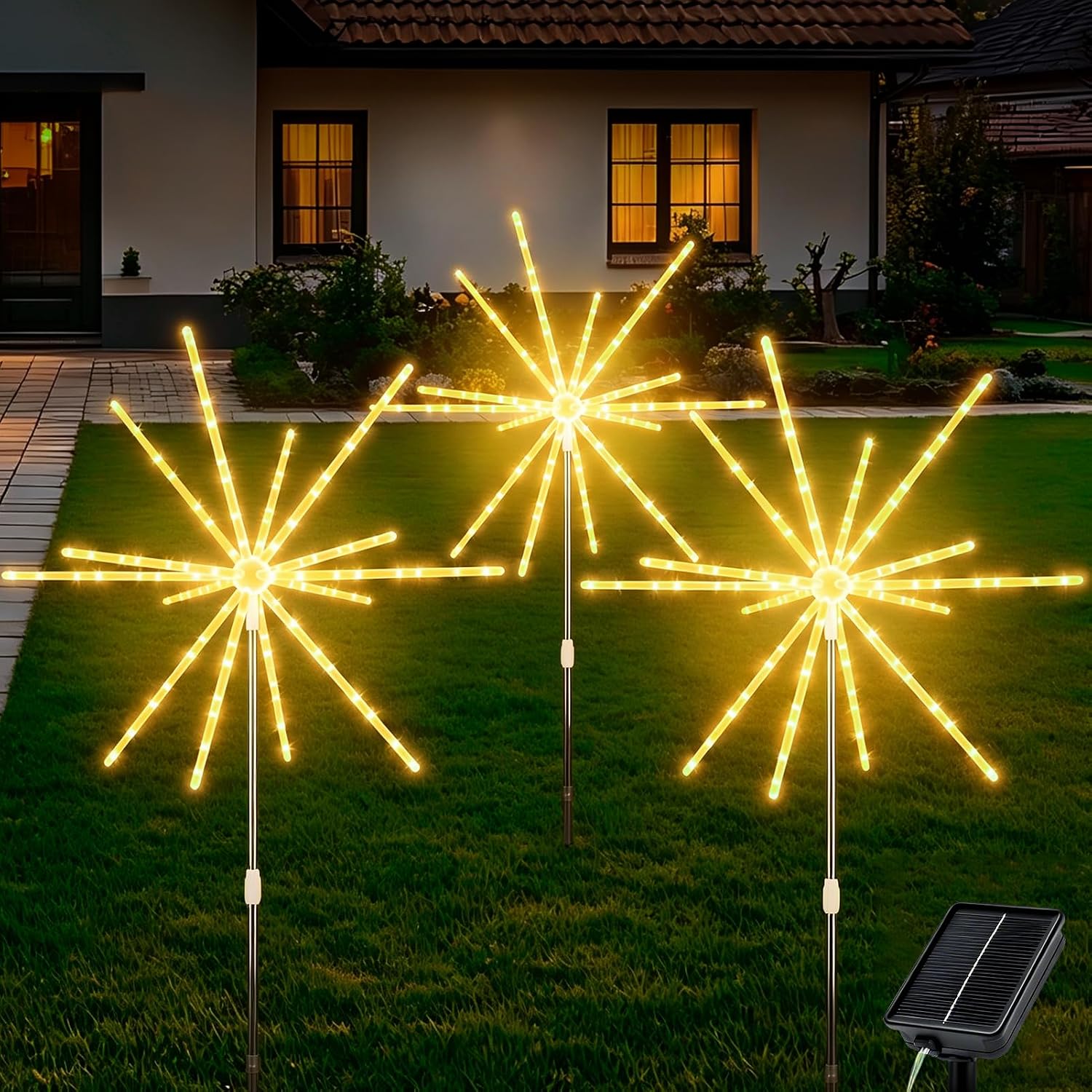 CCILAND 3 Pack Solar Firework Lights Outdoor, 336 LEDs Solar Starburst Garden Lights with Timer 8 Modes, Waterproof Decorative Lights for Yard Patio Walkway Pathway Party Wedding (Multicolor)