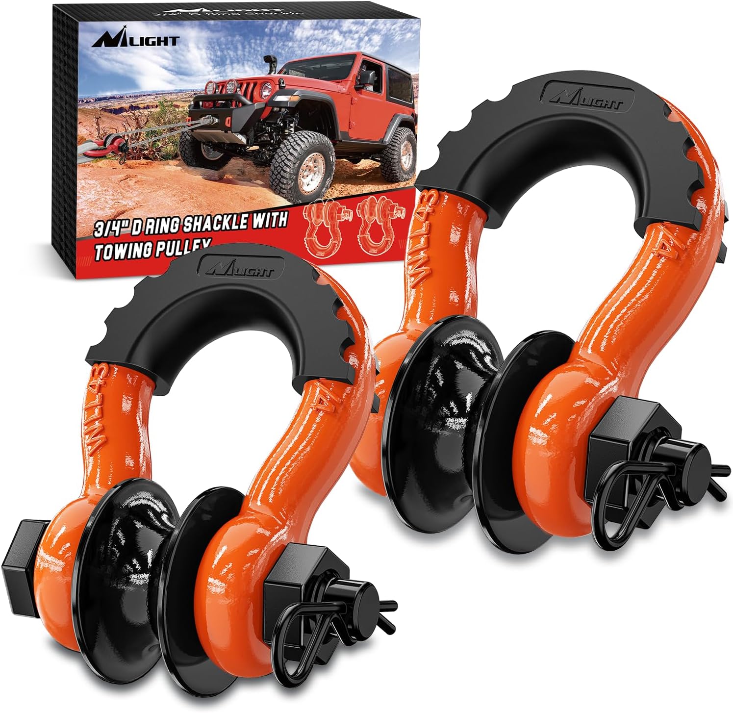 Nilight 3/4" D Ring Shackle with Towing Pulley 2 Pack 4.75 Ton (9500 Lbs) 7/8" Pin Heavy Duty Off Road Recovery Shackle with Isolators Washer Kit for Jeep Truck Tractor Vehicle ATV UTV, Orange