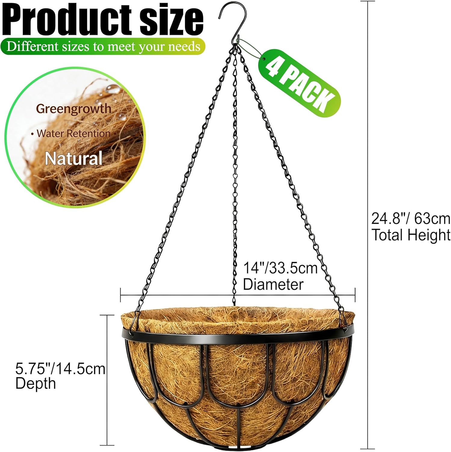 4 Pack 14 Inch Hanging Planters for Outdoor Plants, Black Metal Wire Hanging Flower Baskets with Coco Coir Liner, Large Hanging Plant Pots for Garden, Patio, Balcony, Indoor Home Decor