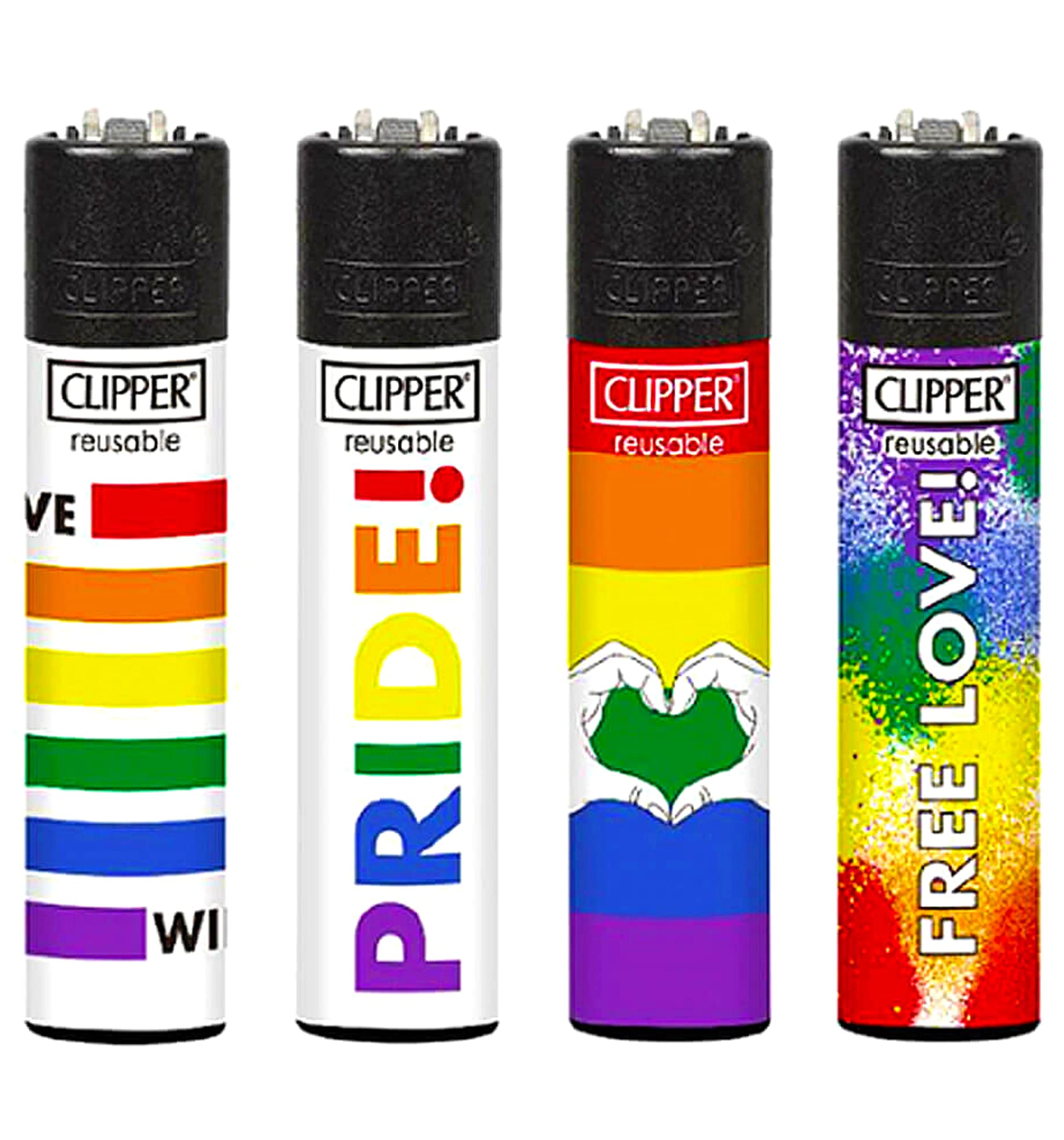 Zactly Black - Set Of 4 Clipper Lighters, Various Assorted Designs, Regular Size Slogan Herb Leaf Weed Leaves Gas Refillable Flint Lighter (Pride 2021)