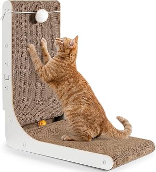 Gimars Thickened L Shape Cardboard Cat Scratching Post 47cm with Bell Ball Cat Scratching Board Wall Mounted Cat Scratching Pad Toy Furniture Protector