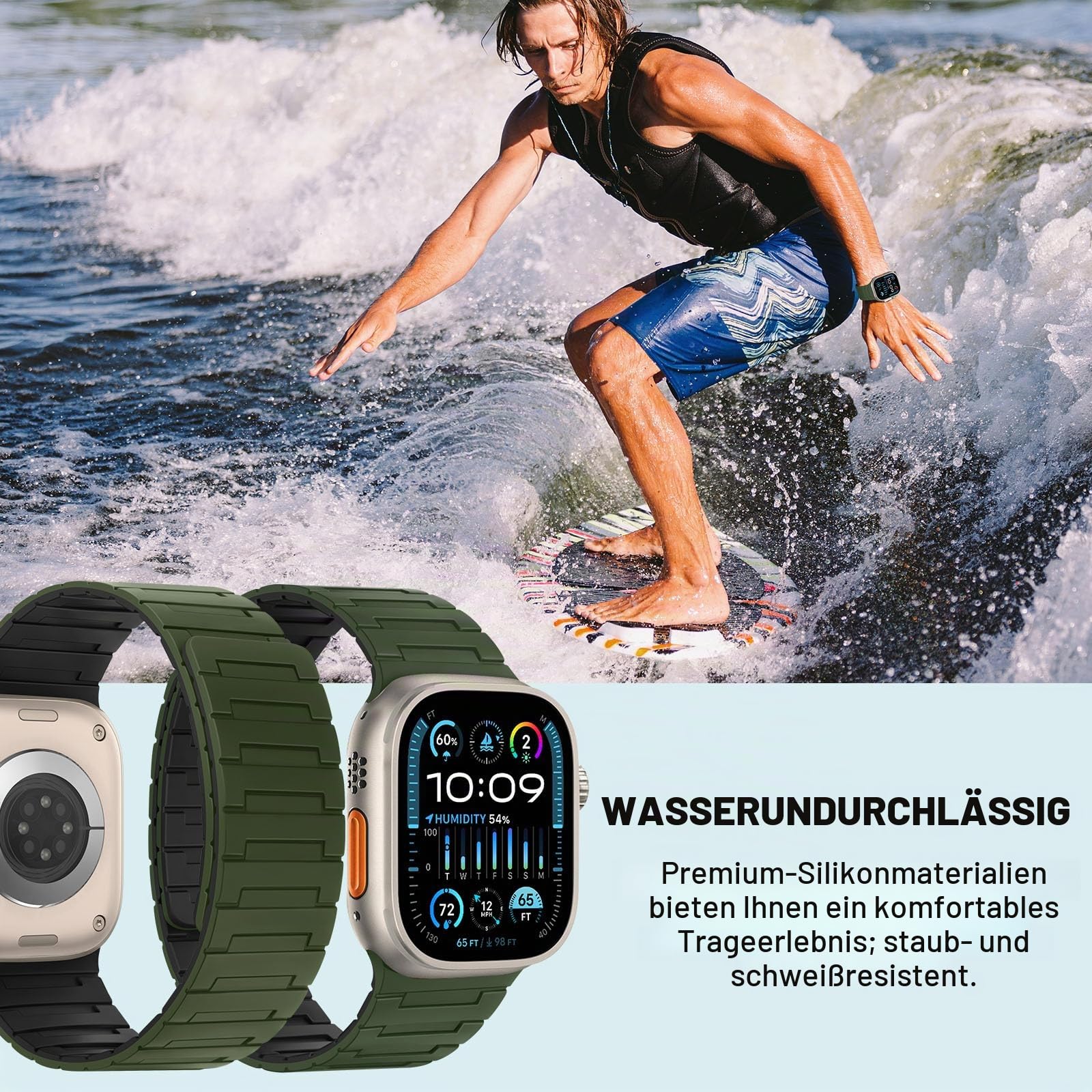 Bisikor Kompatibel mit Apple Watch Armband 49/46/45/44/42/41/40/38mm Silikon Starker Magnet Sport Ersatzband für iWatch Ultra2 SE Serie 10 9 8 7 6 5 4 3 (42/44/45/46/49, Armeegrün/Schwarz)