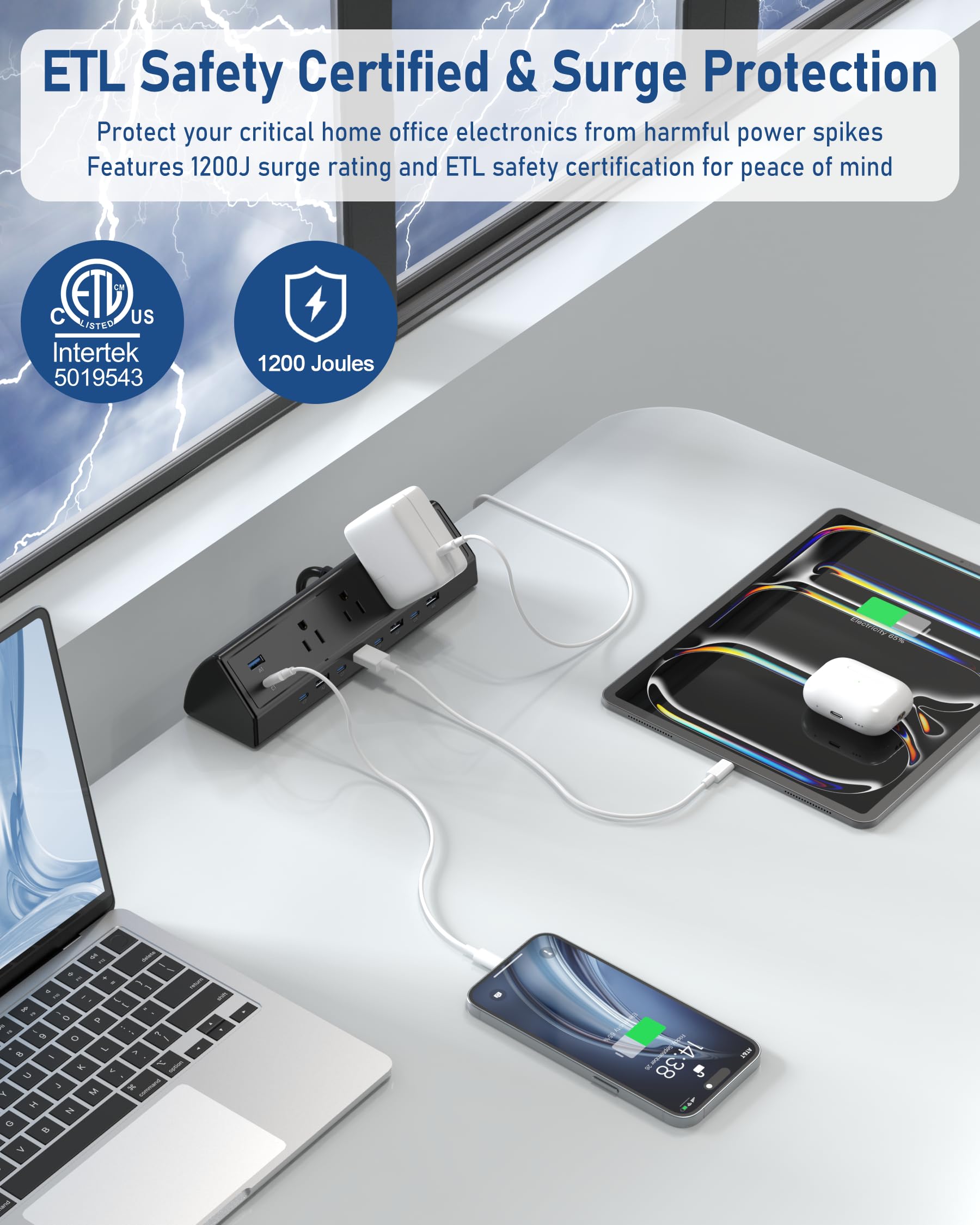 Jgstkcity Zasilacz zaciskowy biurkowy 130 W, 12 x USB (6 PD 65 W USB-C), zabezpieczenie przeciwprzepięciowe, przedłużacz koncentratora zasilania, w zestawie
