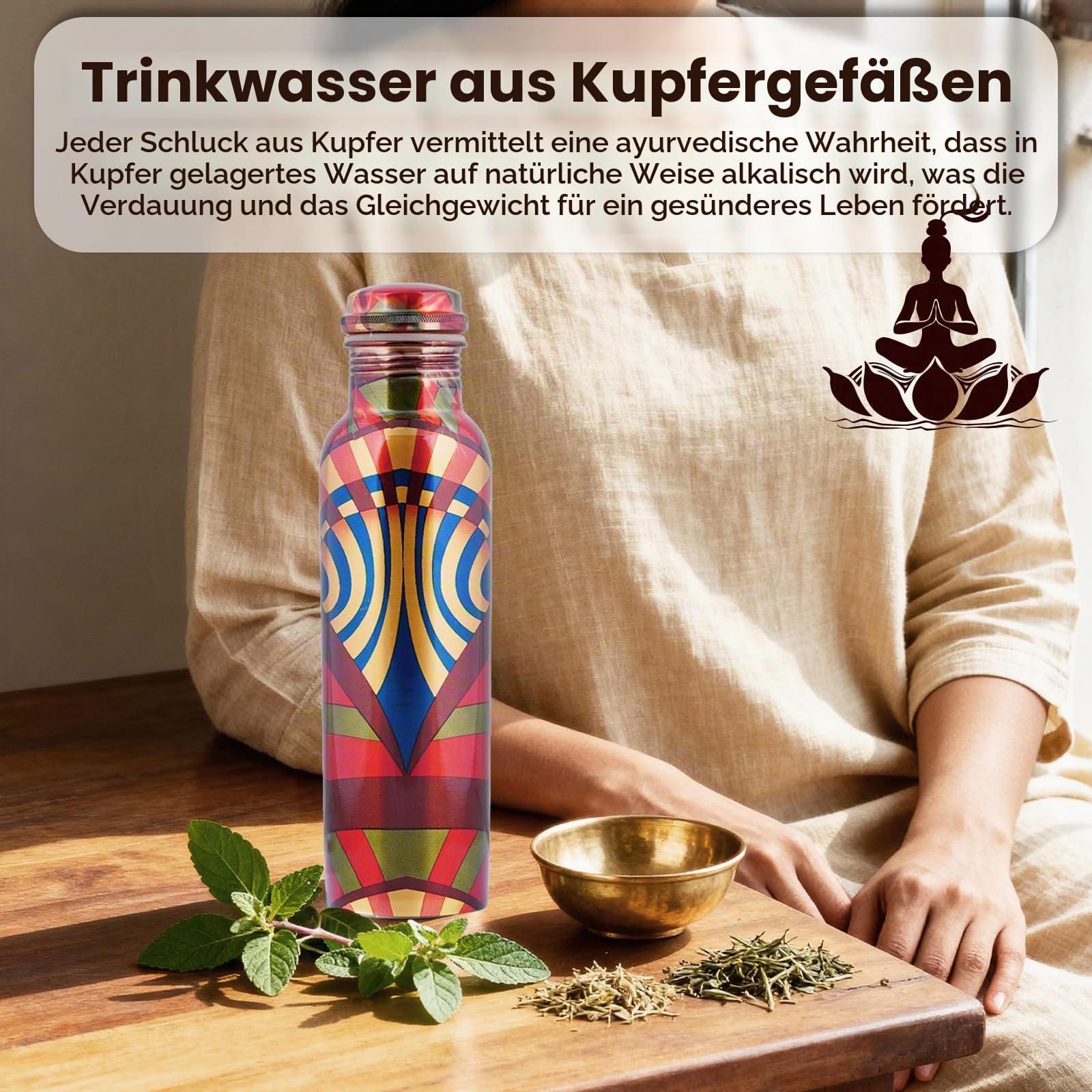 Craft Trade Trinkwasserflasche Kupfer Trinkflasche Rein Rot Flasche Wasserflasche mit Deckel und Tragetasche 34oz/1000 ml Auslaufsicheres Ayurveda Kupferflasche für Büro und Yoga- 2