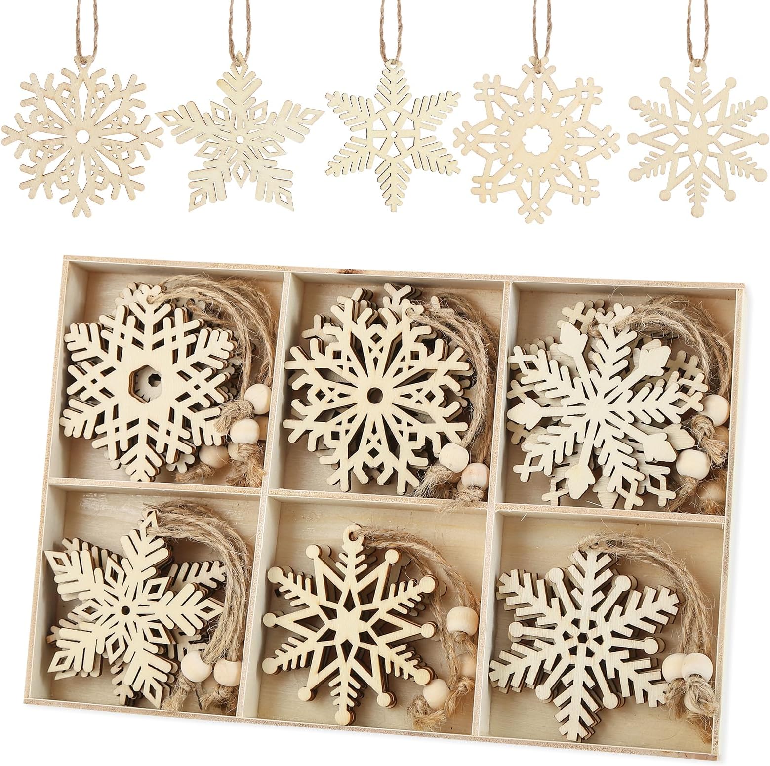 Anstore 30 Christmas Wooden Snowflake Embellishments,7cm Hollowed Snowflakes Natural Christmas Tree Hanging Ornaments with Rope,10 Different Pattern Snowflake Pendants Decor for Christmas Tree