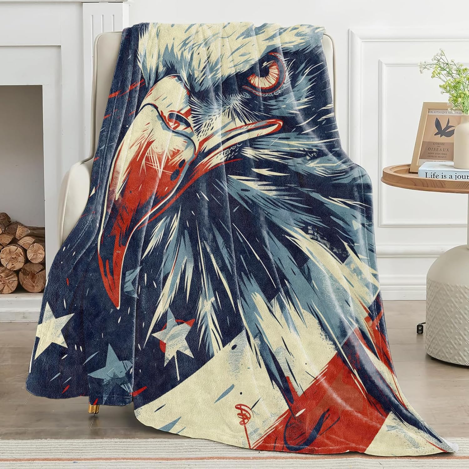 Eagle Blanket Modern Red White Blue Design Throw Blankets with American Flag Lightweight Flannel Throws for Camping Couch Chair Office Bed Patriotic Decor Gifts for Adults,60x50inch