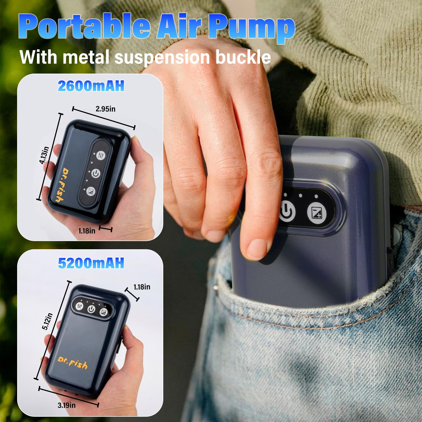 Dr.Fish Pompa ad aria per acquario, alimentata a batteria da 2600 mAh/5200 mAh, ricaricabile tramite USB, fino a 72 ore di durata, silenziosa, per pesca all'aperto