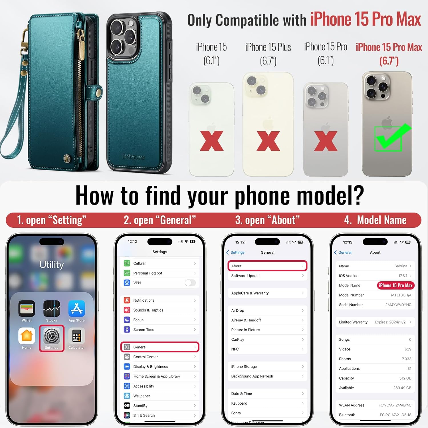 Defencase for iPhone 15 Pro Max Magnetic Wallet Case Compatible with Magsafe with RFID Blocking Zipper Strap Card Holder for Women, PU Leather Detachable Case for iPhone 15 Pro Max (6.7"), Blue Green - Image 7