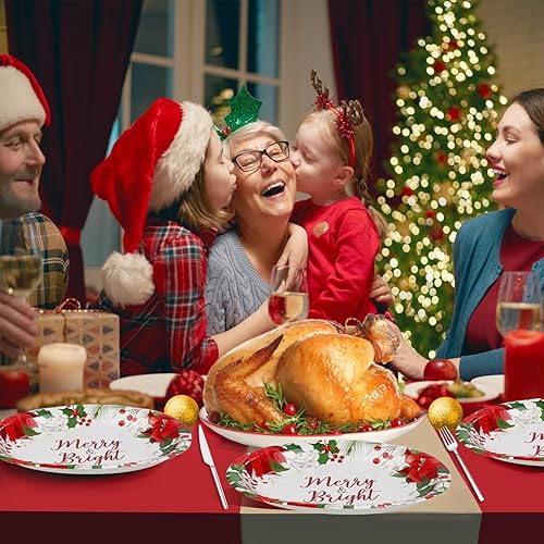 Miniatura 6 de TWOWYHI 50 platos ovalados de Navidad de 10 x 12 pulgadas, platos desechables de papel de Navidad, platos de papel de Pascua feliz y brillante,