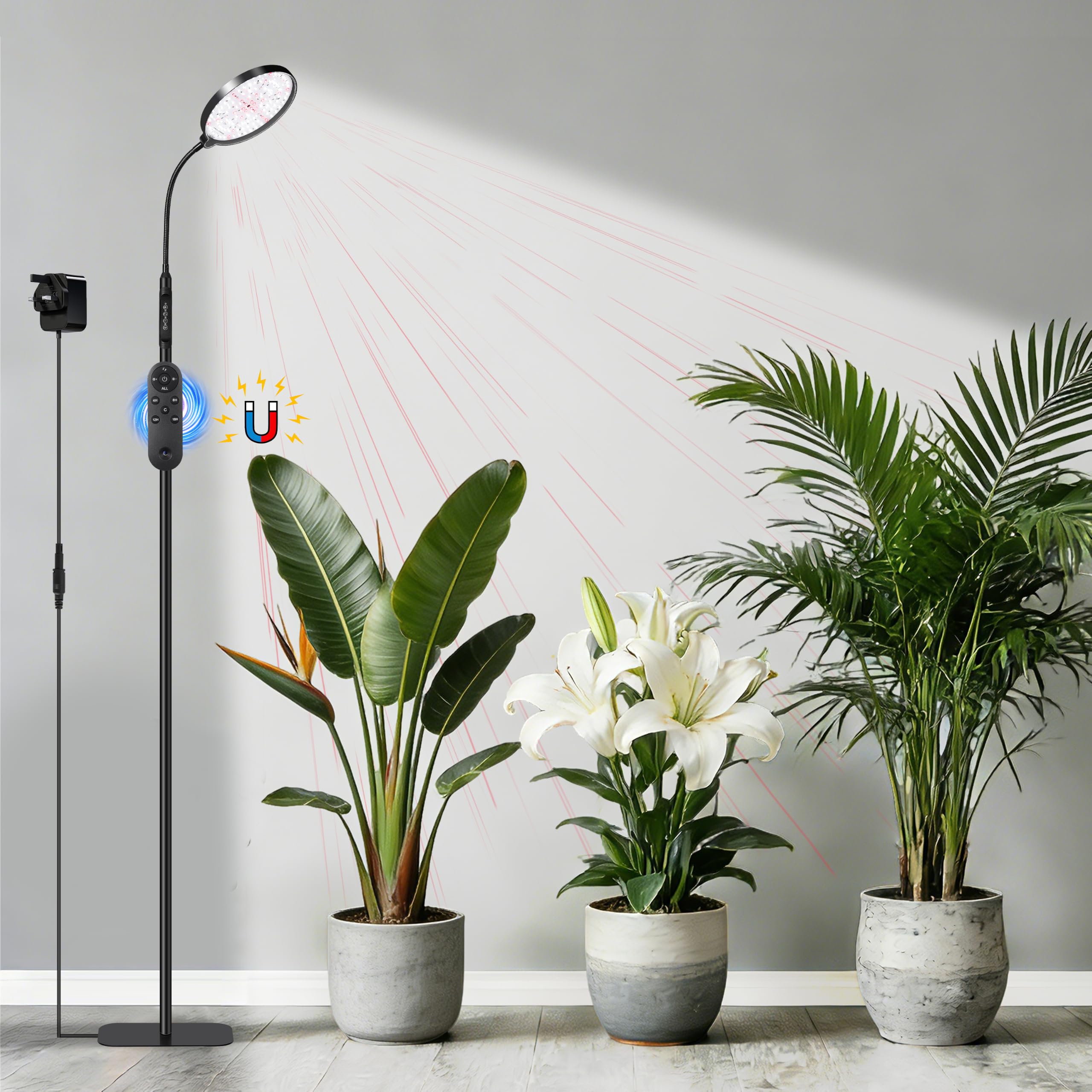 Czoumu Grow Light for Indoor Plants, Full Spectrum Floor Standing Plant Light, Remote Control & 4/8/12/18H Timer, 3 Modes 10 Dimmable Levels, Stable Base for Tall Plants Succulents Herbs, Black