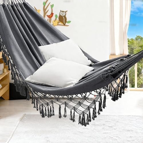 Miniatura 3 de JoyView Hamaca doble bohemia de macramé con cuerdas para colgar y elegantes borlas, hamaca portátil de algodón de 86.6 x 59 pulgadas para patio,