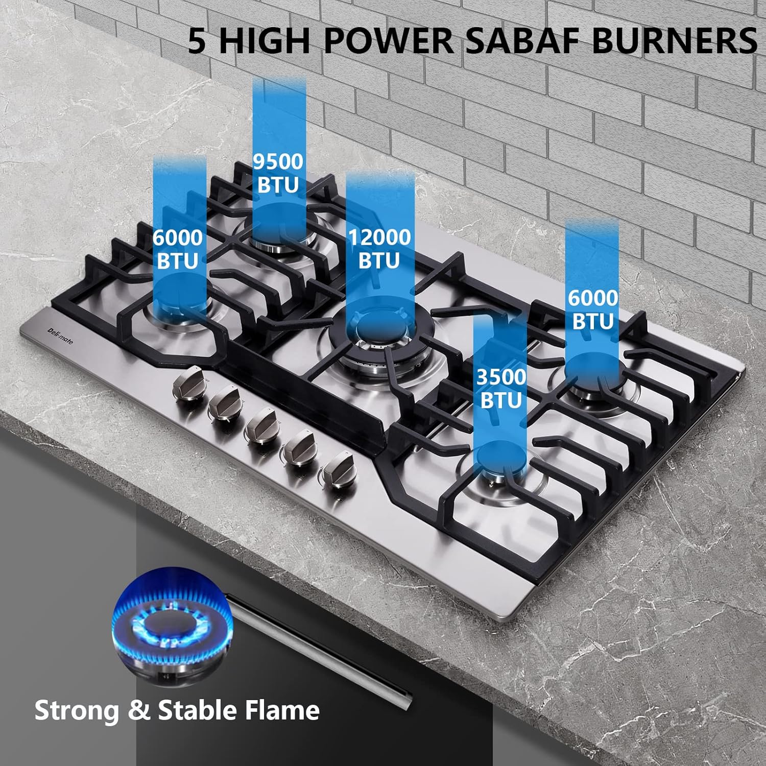 30 Inch Gas Cooktop, Stainless Steel Built-in 5 Burners Gas Stovetop LPG/NG Convertible Gas Stove Top Dual Fuel Gas Hob DM527-05 - Image 2