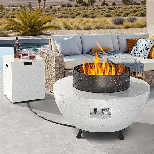 Silonn 29″ Propane Fire Pit Table with Windproof Guard, 50000 BTU Fire Pit Table, CSA-Certified, Outdoor fire Table with Durable Terrazzo Coating/Lava Rocks/4 Stable Adjustable Legs, Garden, White