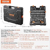 Vista 6 de VEVOR Mechanics Tool Set, 205 Pcs SAE and Metric Sockets, 1/4" 3/8" 1/2" Drive Deep and Standard Sockets, Chrome Vanadium Steel, Polyethylene