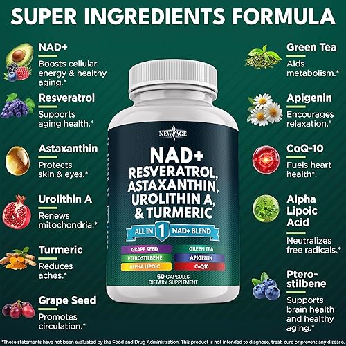 Miniatura 2 de Suplemento NAD+  Astaxantina, Urolitina A, Resveratrol, CoQ10 y mezcla de antioxidantes  Energía celular, apoyo mitocondrial  Vegano, sin OMG  60