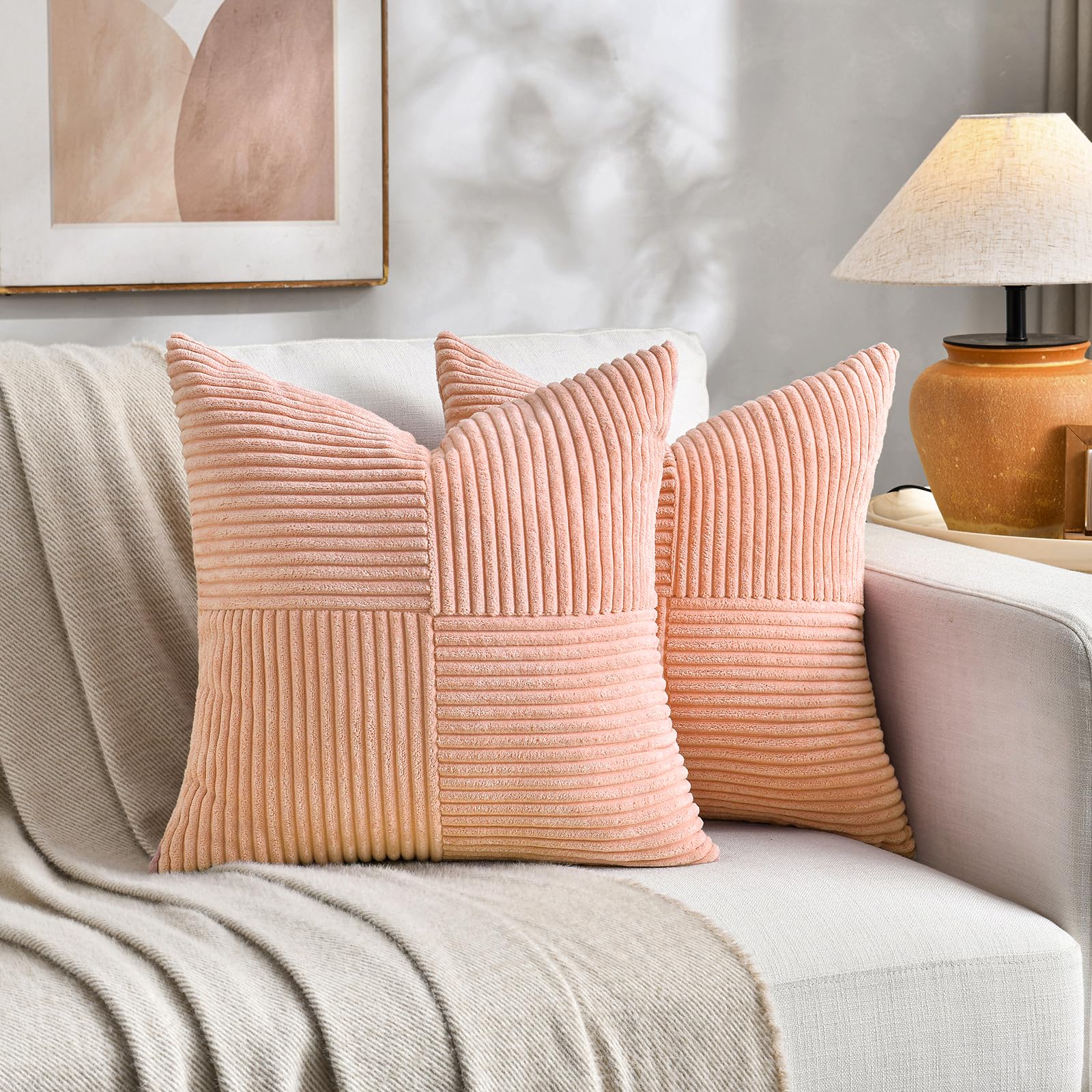 FDTERN Decorative Throw Pillow Covers 16 x 16 Inch for Living Room Couch Bed, Rustic Farmhouse Boho Home Decor, Soft Striped Corduroy Accent Cushion Covers, 40 x 40 cm (Pack of 2), Peach โ image 1
