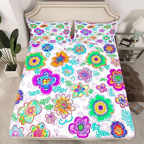 Miniatura 2 de Juego de sábanas retro de los años 60 y 70 con diseño de flores, tamaño Queen, rústicas, psicodélicas, para hombre y mujer, Halloween, floral, 1960,