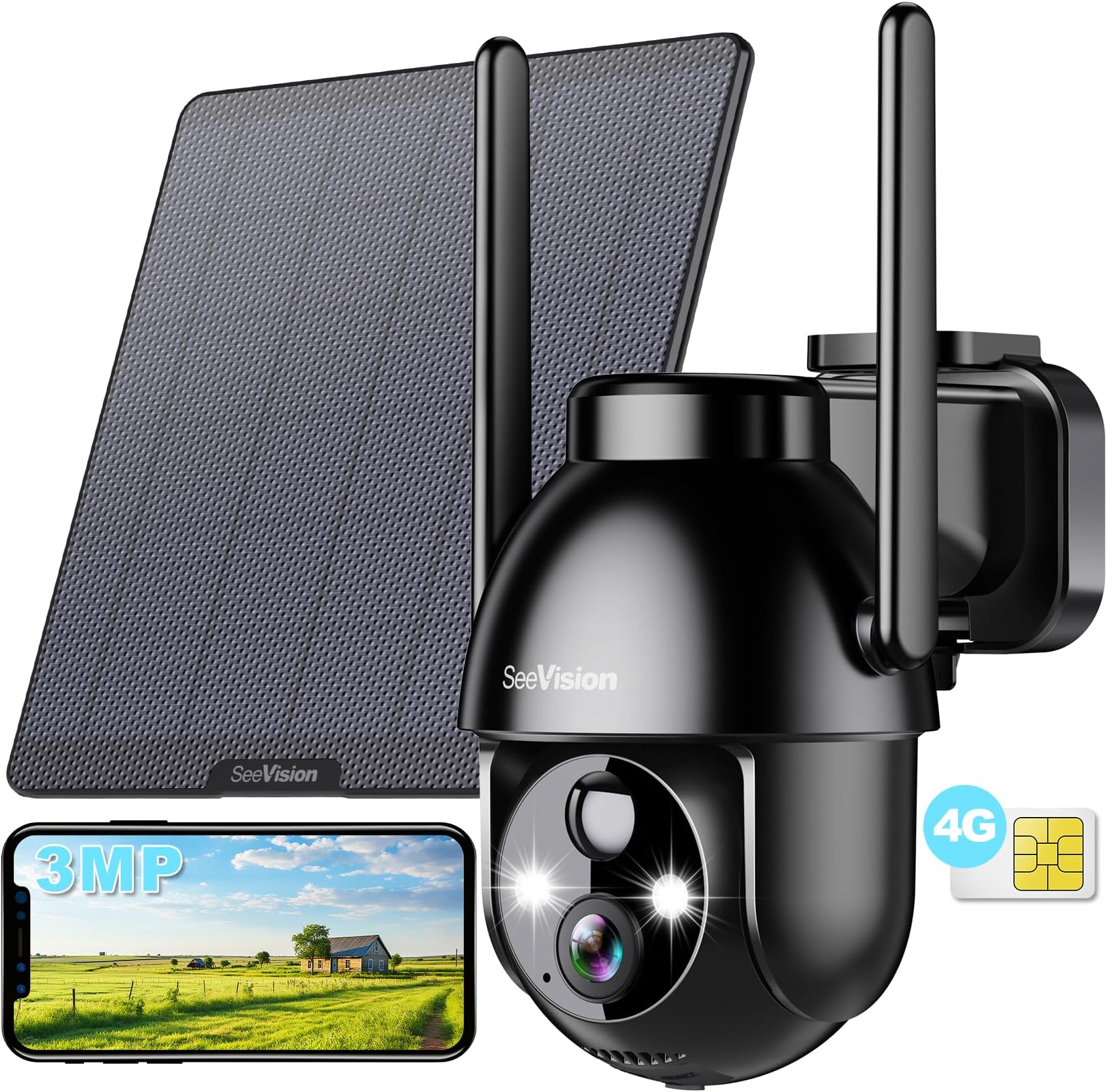4G LTE Cellular Solar Security Cameras Wireless Outdoor, Solar Powered 3MP Camera 2K No WiFi Security Camera, PIR Motion Detection,Siren,Color Night Vision, SD/Cloud Storage (SIM Card Included)