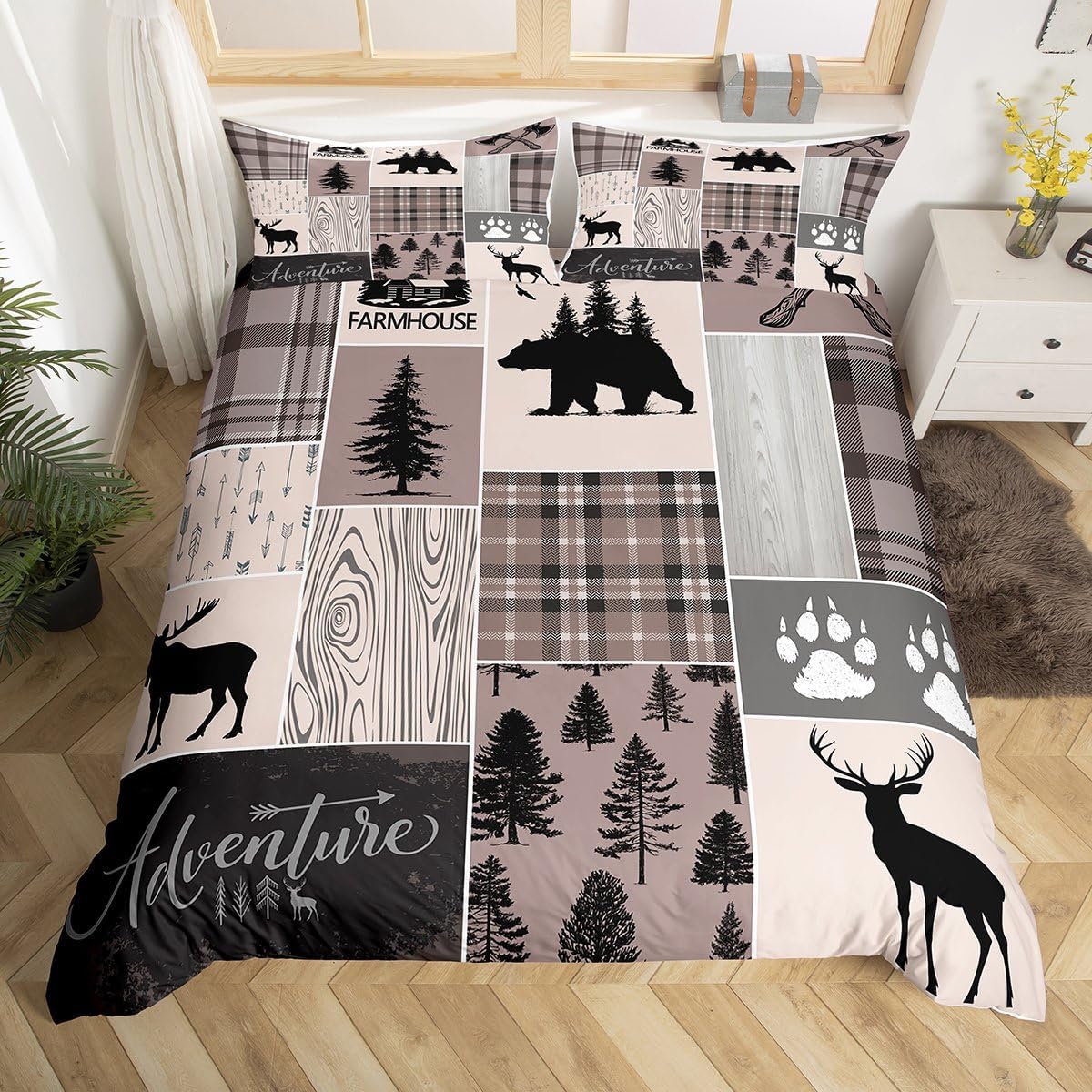 Erosebridal Rustic Patchwork Bedding Set,Country Cabin Duvet Cover King for Kids Teens Adult Checkered Buffalo Plaid Comforter Cover Bear Deer Bed Cover Woodland Wildlife Farmhouse Decorations