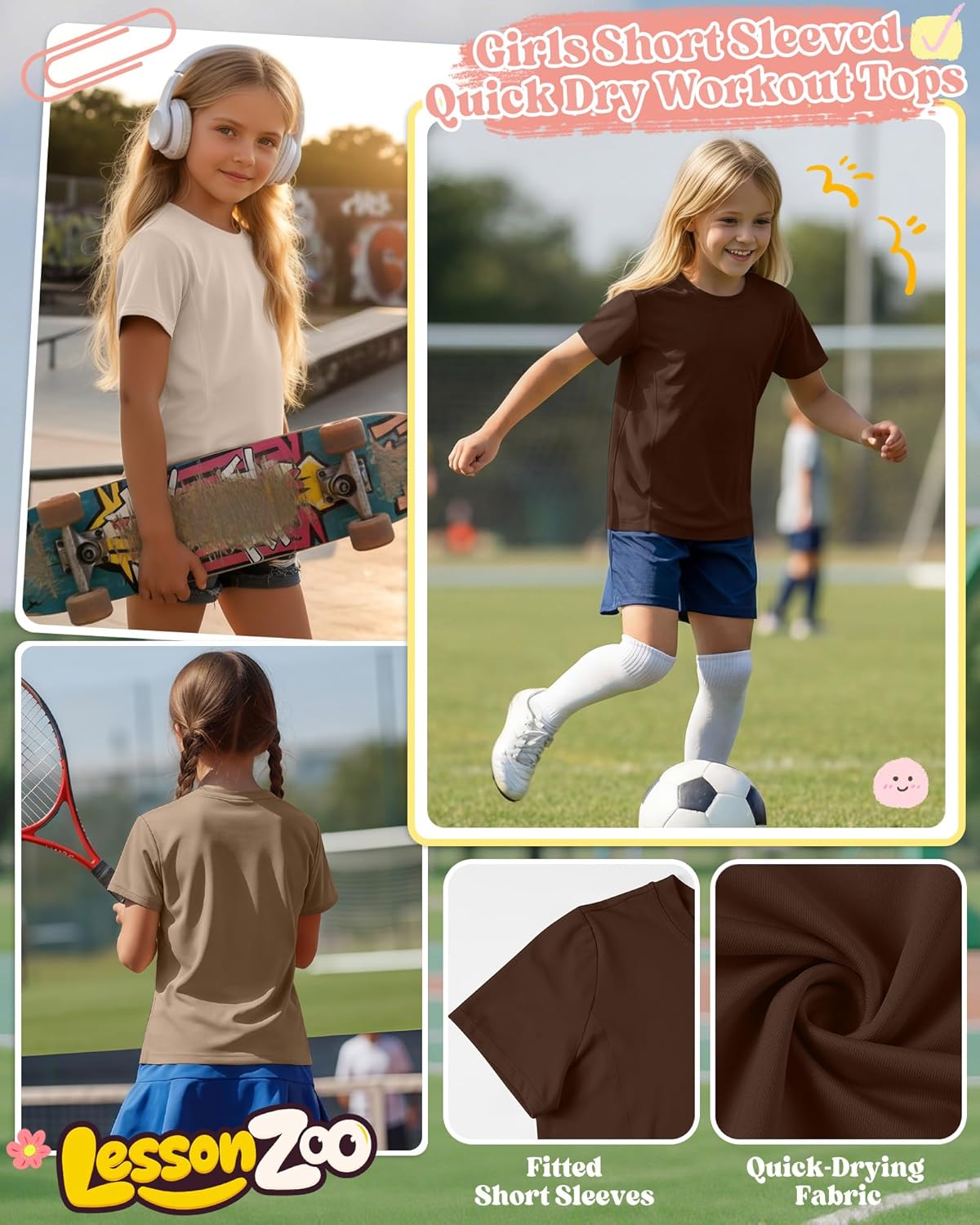 4 Pack Girls' Athletic Shirts Short Sleeve Quick Dry Active T-Shirt Summer Crew Neck Sports Activewear Top for Kids