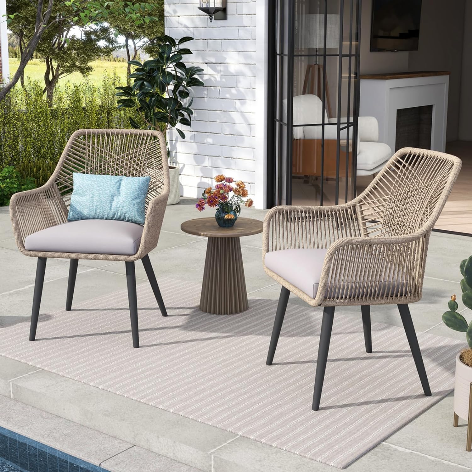 Patiorama Patio Dining Chair Set of 6, Woven Rope Outdoor Dining Chair w/Steel Frame, All-Weather Twisted Rattan Chairs w/Armrest & Cushion, Outdoor Dining Wicker Chairs for Backyard Garden(Beige)