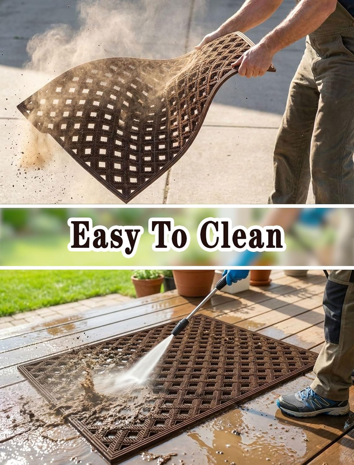 Bulijojo Front Door Mat with Drainage,24x36 Rubber Heavy Duty Dirt Trapper Waterproof Welcome Mat, All Weather for Front Back Door Patio Entryway Brown