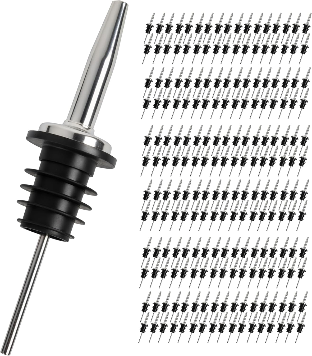 285-50-144 Chrome Liquor Pourer, Tapered Free Flow Spout with Poly-Kork for Controlled Medium Speed Pouring, Seamless Chrome Finish, Black and Silver, 144 Units