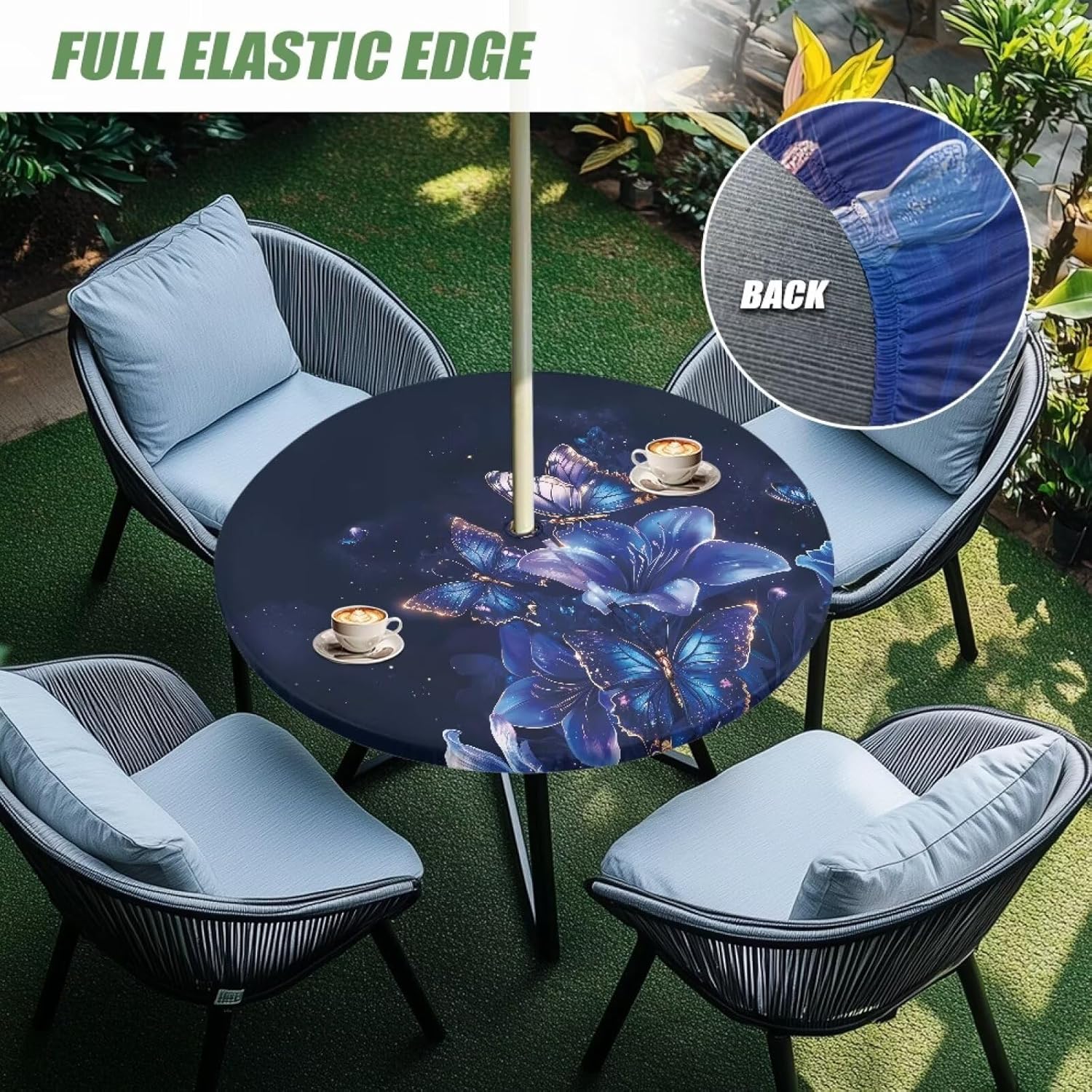Butterfly Flower Outdoor Table Cloth with Parasol Hole,Splashproof Patio Round Tablecloth with Zipper for Garden Picnic BBQ Party [56 inches (142 cm)]