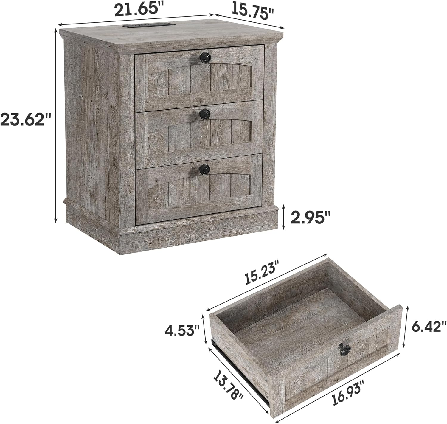 Fameill 23.6" Tall Nightstand with Charging Station, Farmhouse End Table with 3 Drawers, 21.65" Wide Bedside Table, Small Chests of Drawers for Bedroom, Rustic Gray