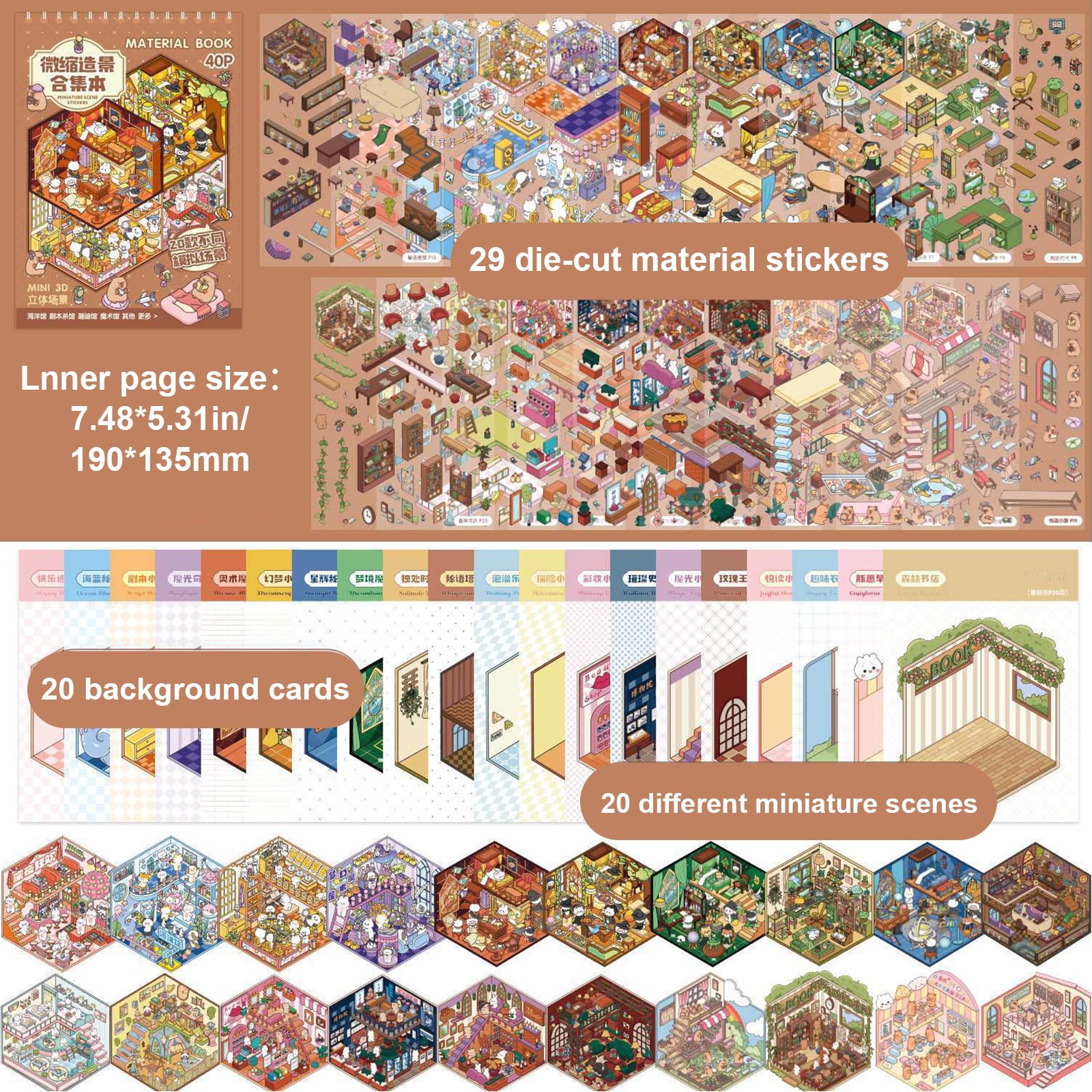 40 Sets Pegatinas 3D para Casa Divertidas, House Stickers, Sticker Therapy, DIY Stress Relief Sticker Scenes with 40 PET Pegatinas, 40 Miniature Scene, 2 Pinzas, for Adulto Niño Adolescente — view 3