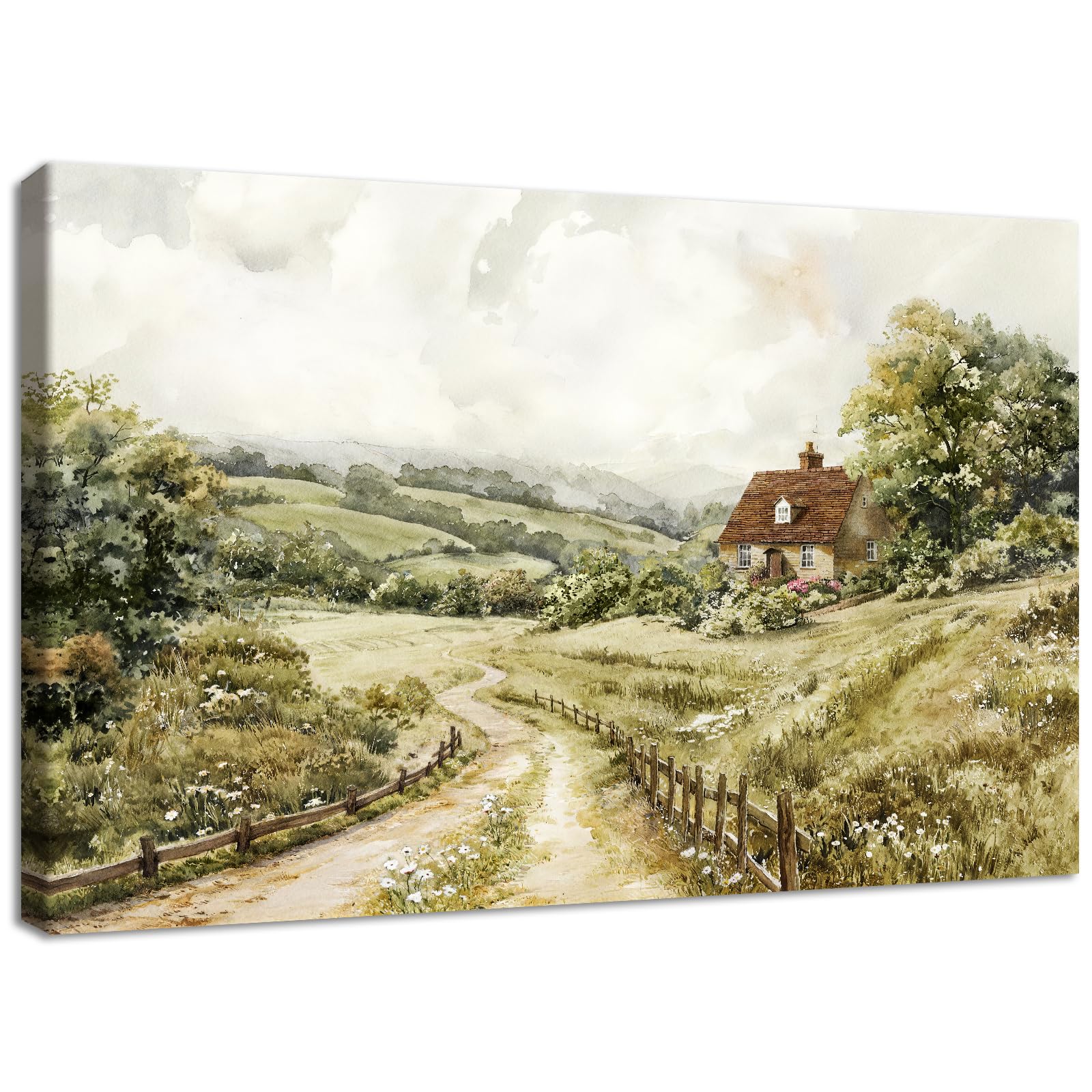 Wooden Framed Canvas Wall Art Vintage Cottage Landscape Painting on Canvas Prints Rustic Farmhouse Poster Aesthetic Pictures for Living Room Bedroom Dinning Room Hallway Wall Decoration 40x60cm